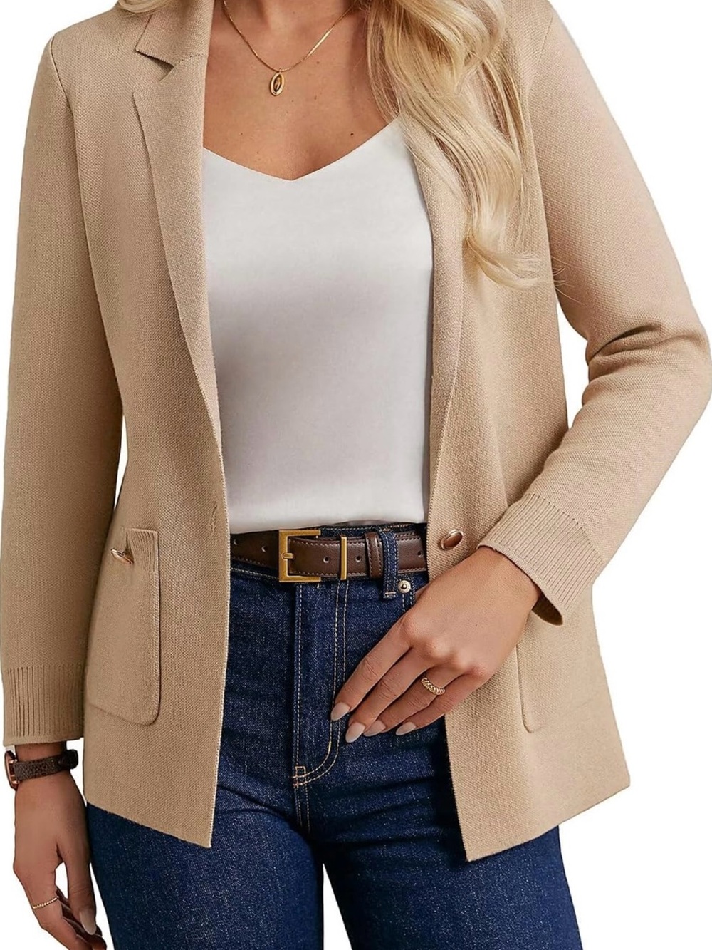 NWT GRACE KARIN Knit Sweater Blazer Cardigan Jacket Tan Beige size XL